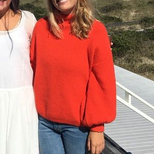 Red Mock Neck Bubble Sleeve Sweater